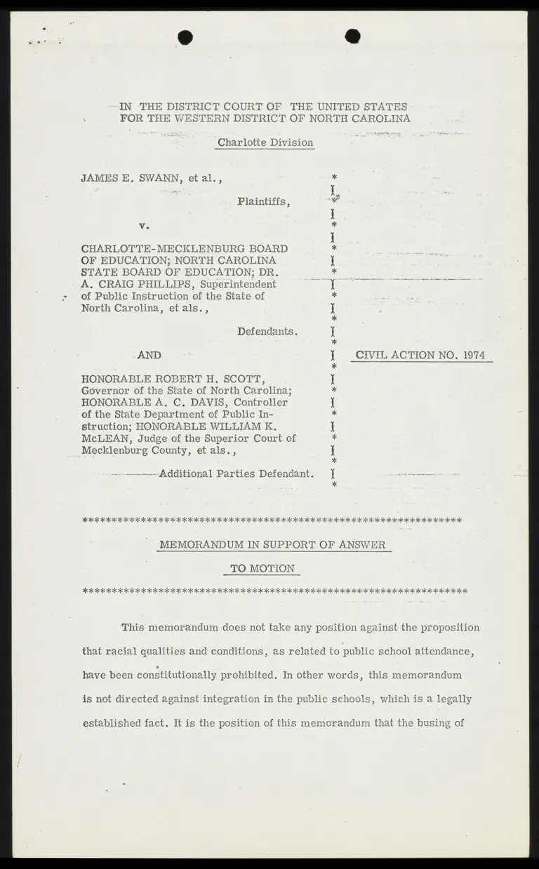 Memorandum in Support of Answer to Motion preview