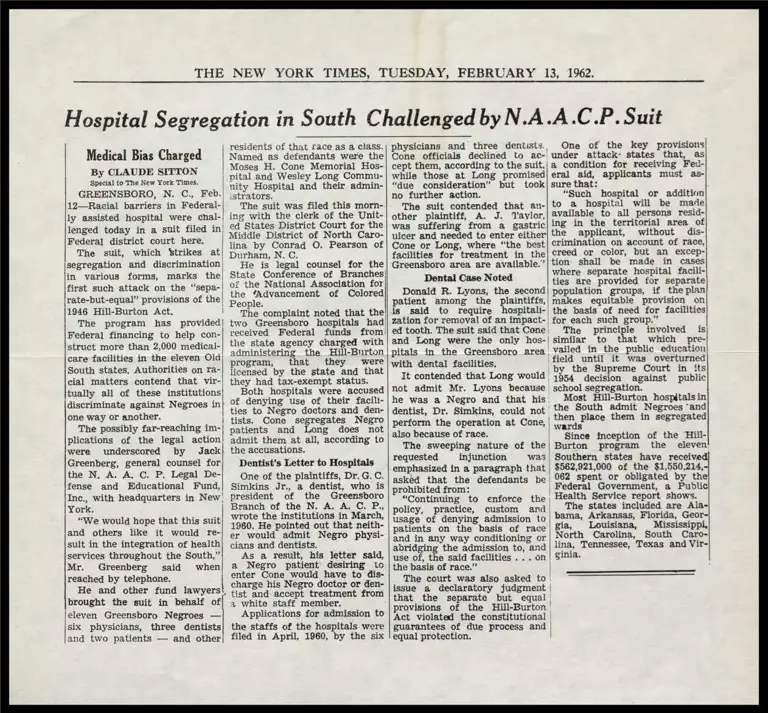 Hospital Segregation in South Challenged by N.A.A.C.P Suit preview