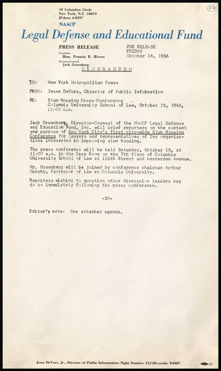 Memorandum on Announcement of Slum Housing Press Conference preview