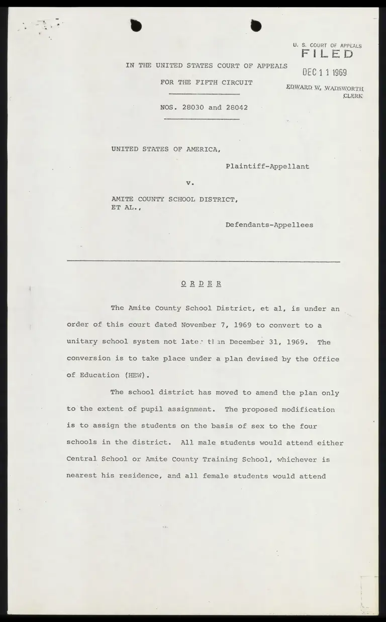 United States v. Amite County School District Order preview