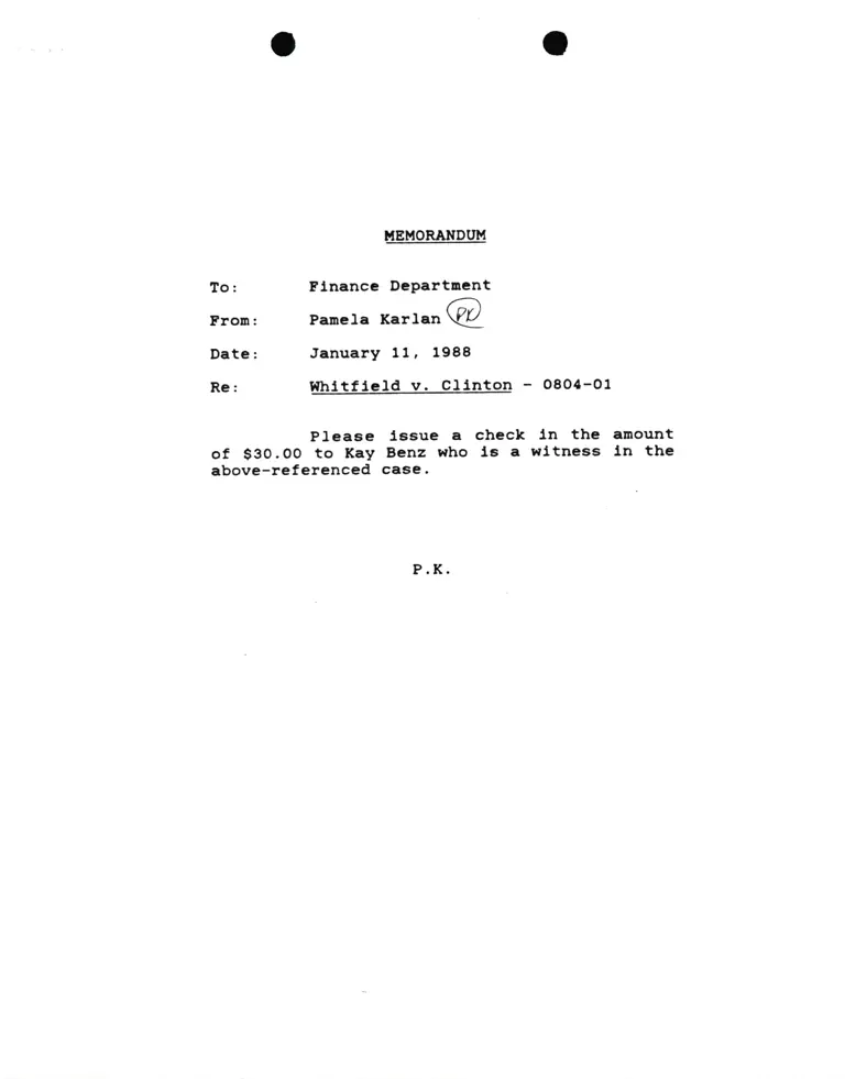 Memorandum from Pamela Karlan to Finance Department Re Whitfield v. Clinton preview