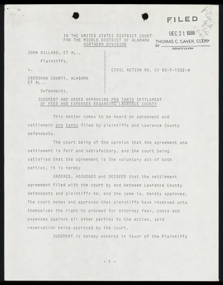 Judgment and Order Approving Pro Tanto Settlement of Fees and Expenses Re Lawrence County preview