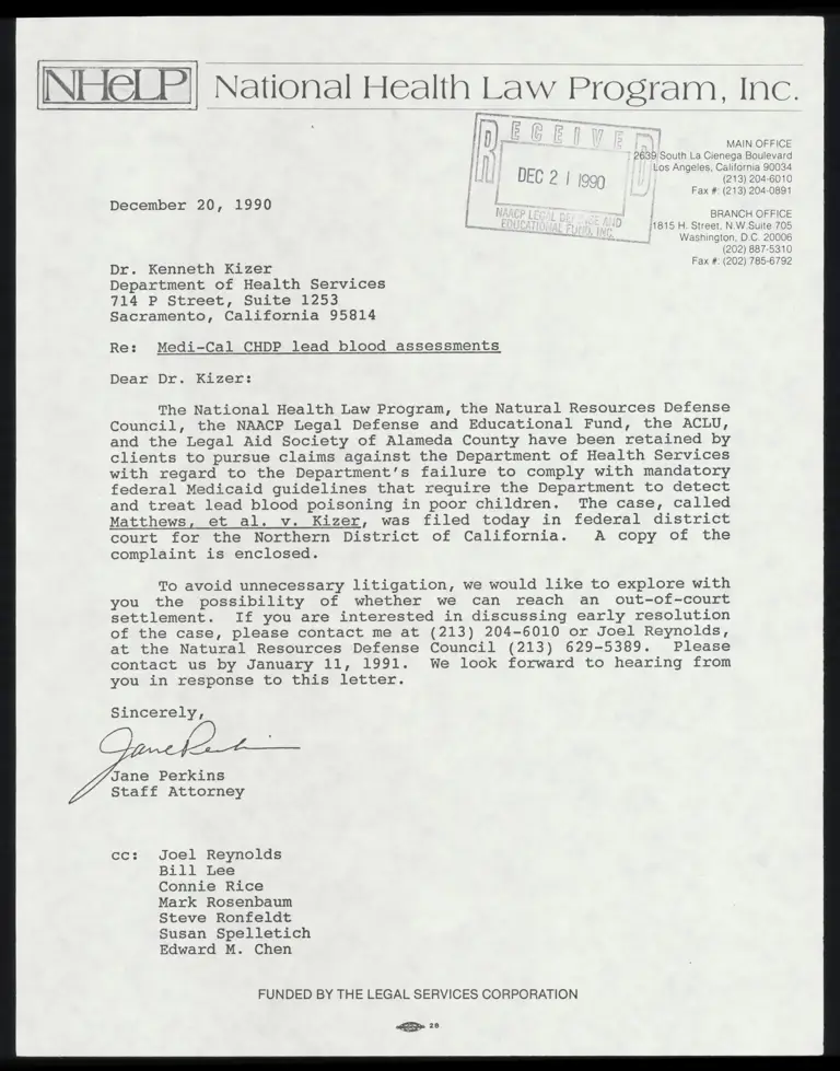 Correspondence from Perkins to Kizer preview