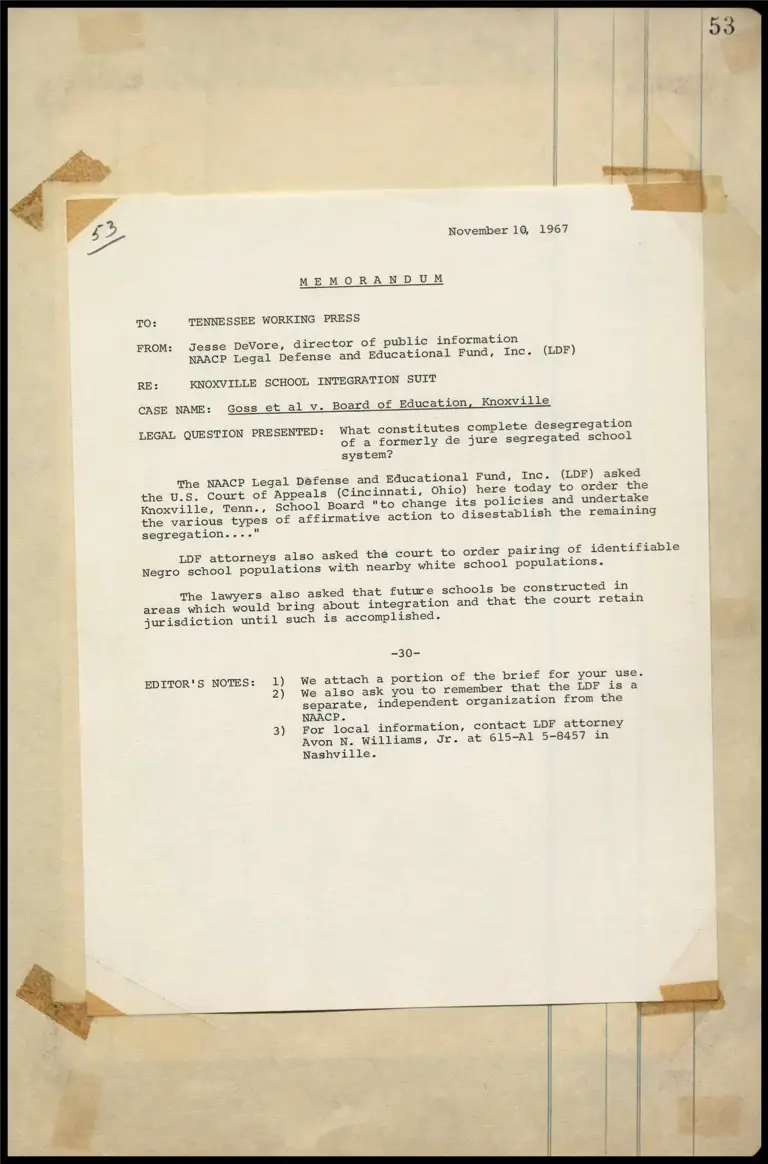 Memorandum re: Knoxville School Integration Suit preview