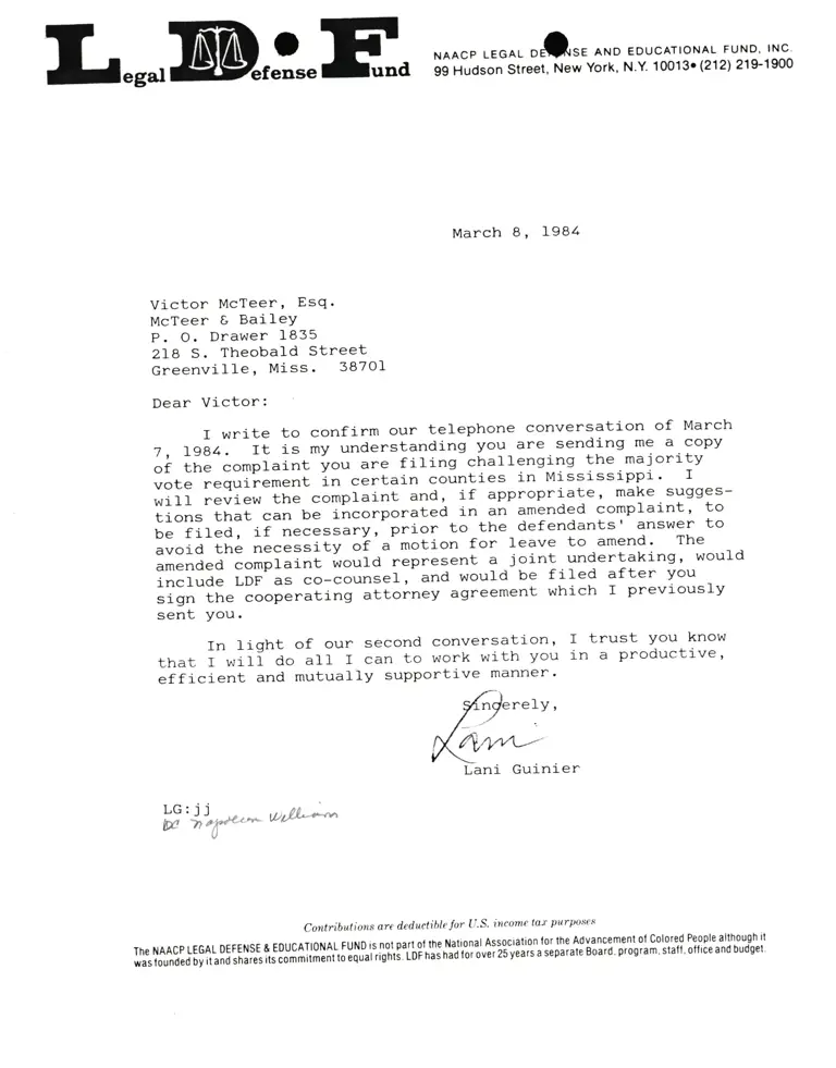 Letter from Lani Guinier to Victor McTeer, Esq. Re: Mississippi voter requirement cases preview