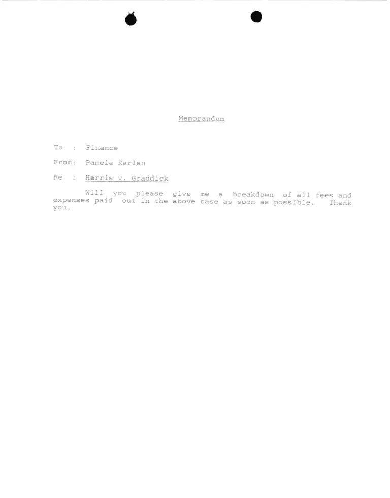 Memorandum from Pamela Karlan to Finance Re Harris v. Graddick preview
