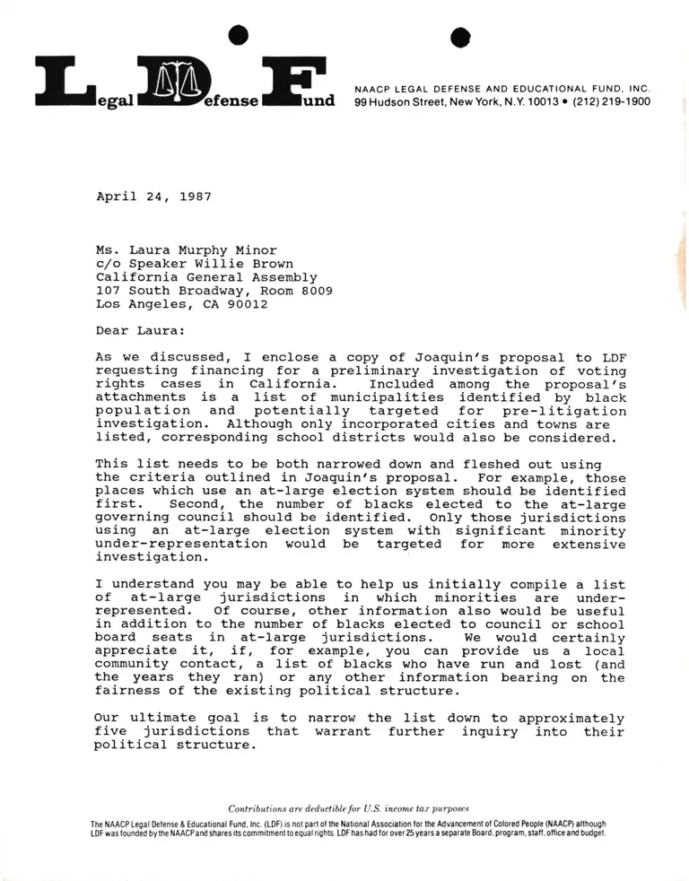 Correspondence from Lani Guinier to Laura Murphy Minor (c/o Speaker Willie Brown) preview