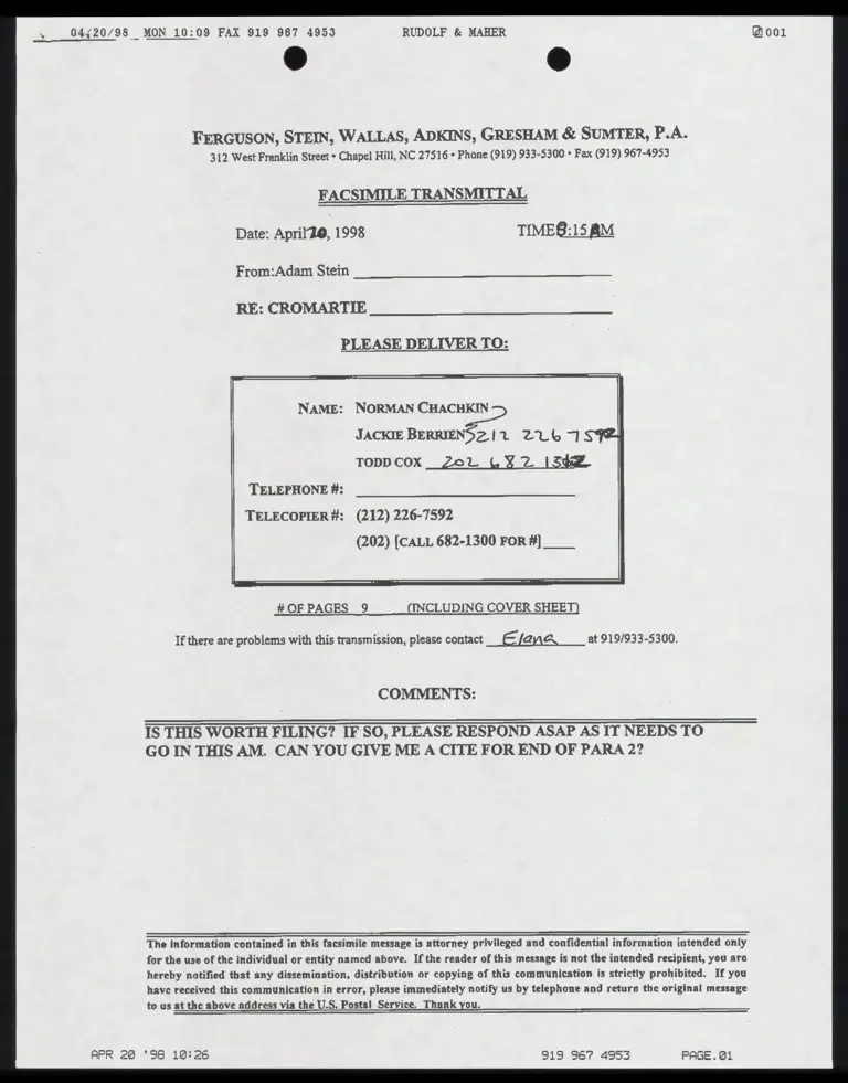 Correspondence from Stein to Chachkin and Berrien with Proposed Motions preview