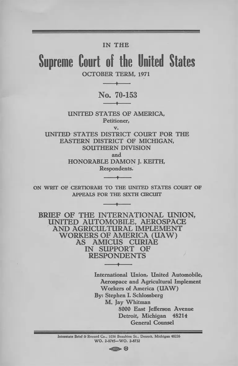 United States v. U.S. District Court for the Eastern District of Michigan, Southern Division Brief Amicus Curiae in Support of Respondents preview
