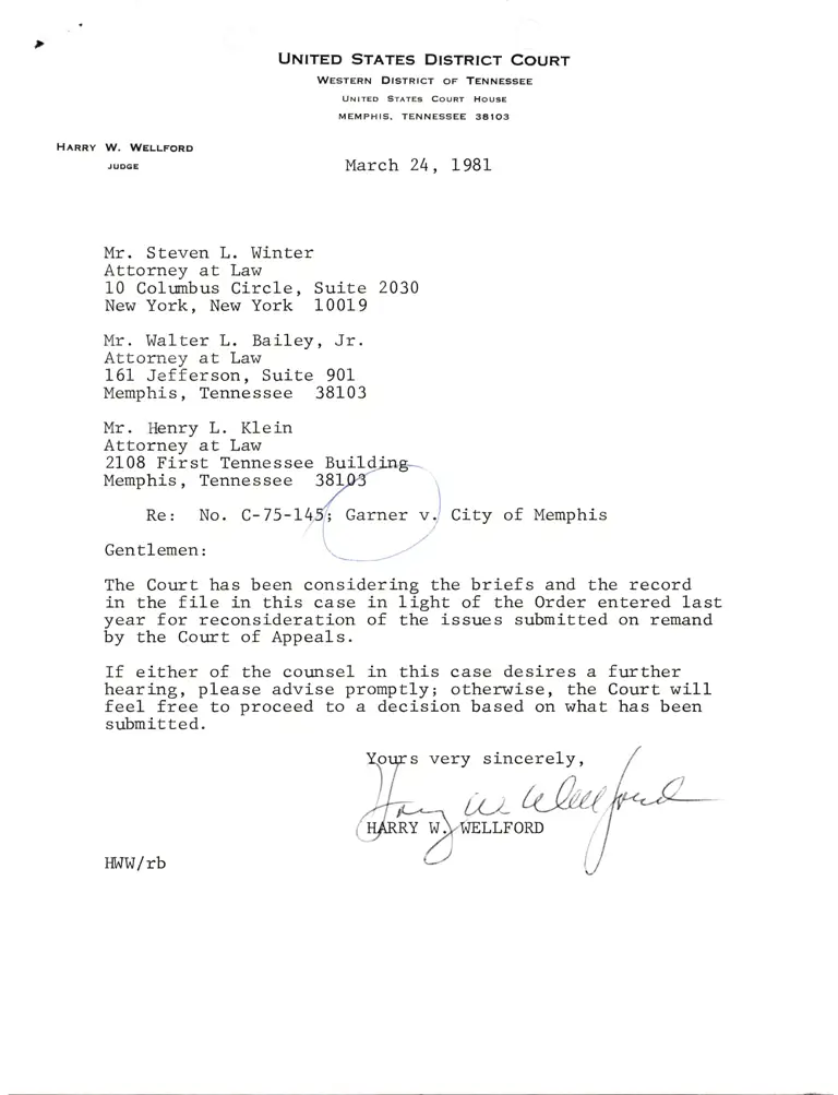 Correspondence from Wellford to Winter, Bailey, and Klein Re: Order for Reconsideration preview
