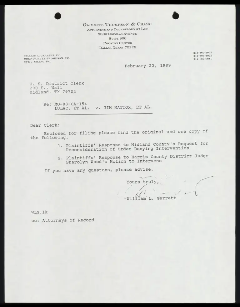 Plaintiffs' Response to Judge Wood's Motion to Intervene; Plaintiffs' Response to Midland County's Request for Reconsideration of Order Denying Intervention preview