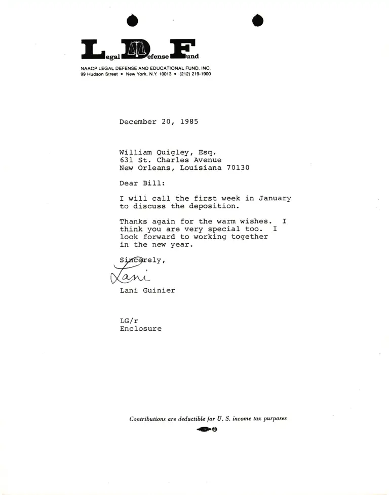 Letter from Lani Guinier to William Quigley preview