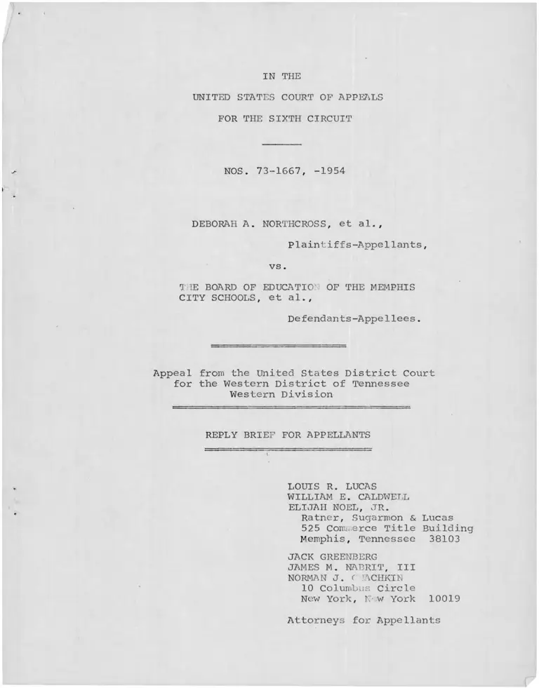 Northcross v. Memphis City Schools Board of Education Reply Brief for Appellants preview