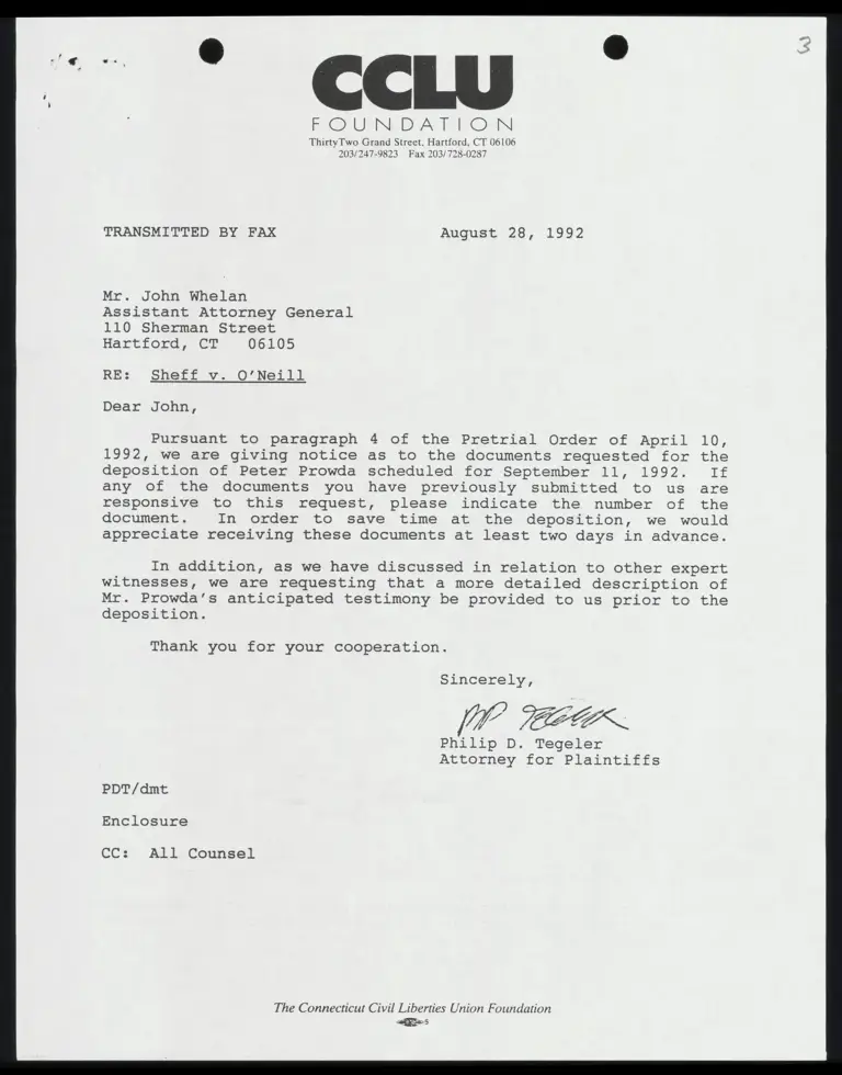 Fax to All Counsel RE: Documents Requested for Deposition and Testimony of Peter Prowda with Attached Subpoena and Certificate of Service preview