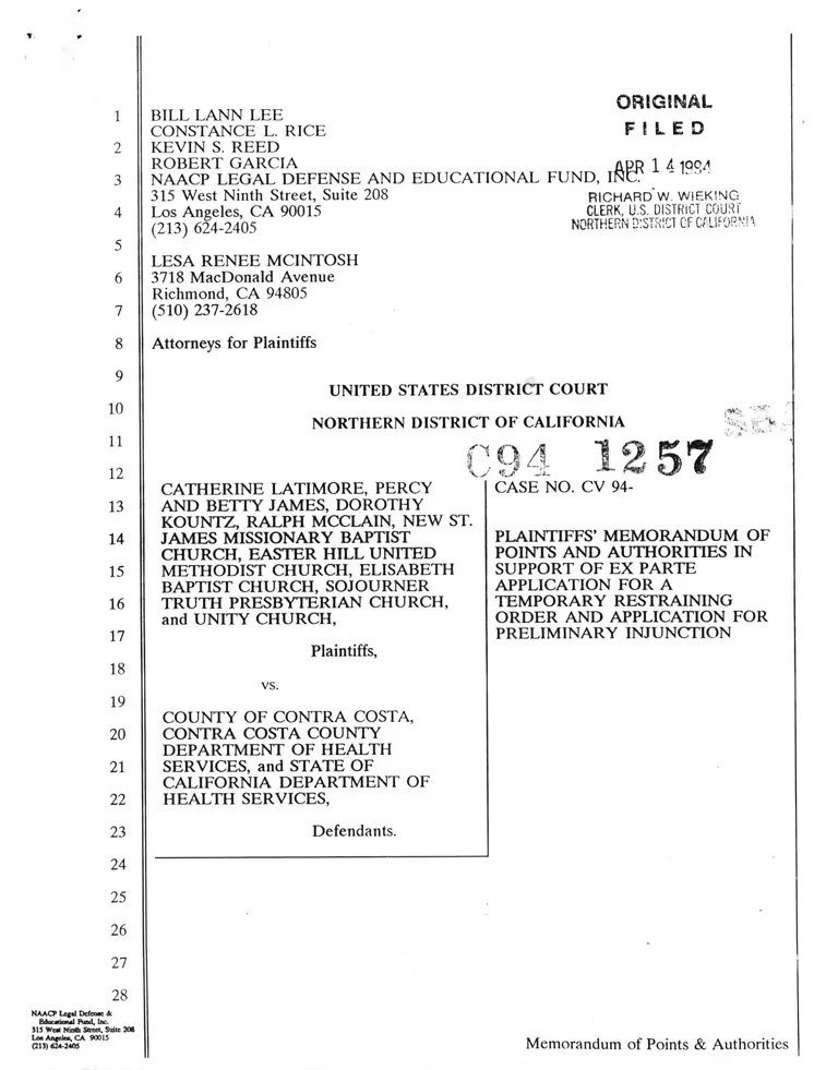 Latimore v. County of Contra Costa Plaintiffs' Memorandum of Points and Authorities in Support of Ex Parte Application for a Temporary Restraining Order and Application for Preliminary Injunction preview