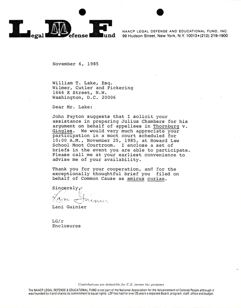 Correspondence from Lani Guinier to William T. Lake Re Thornburg v. Gingles preview