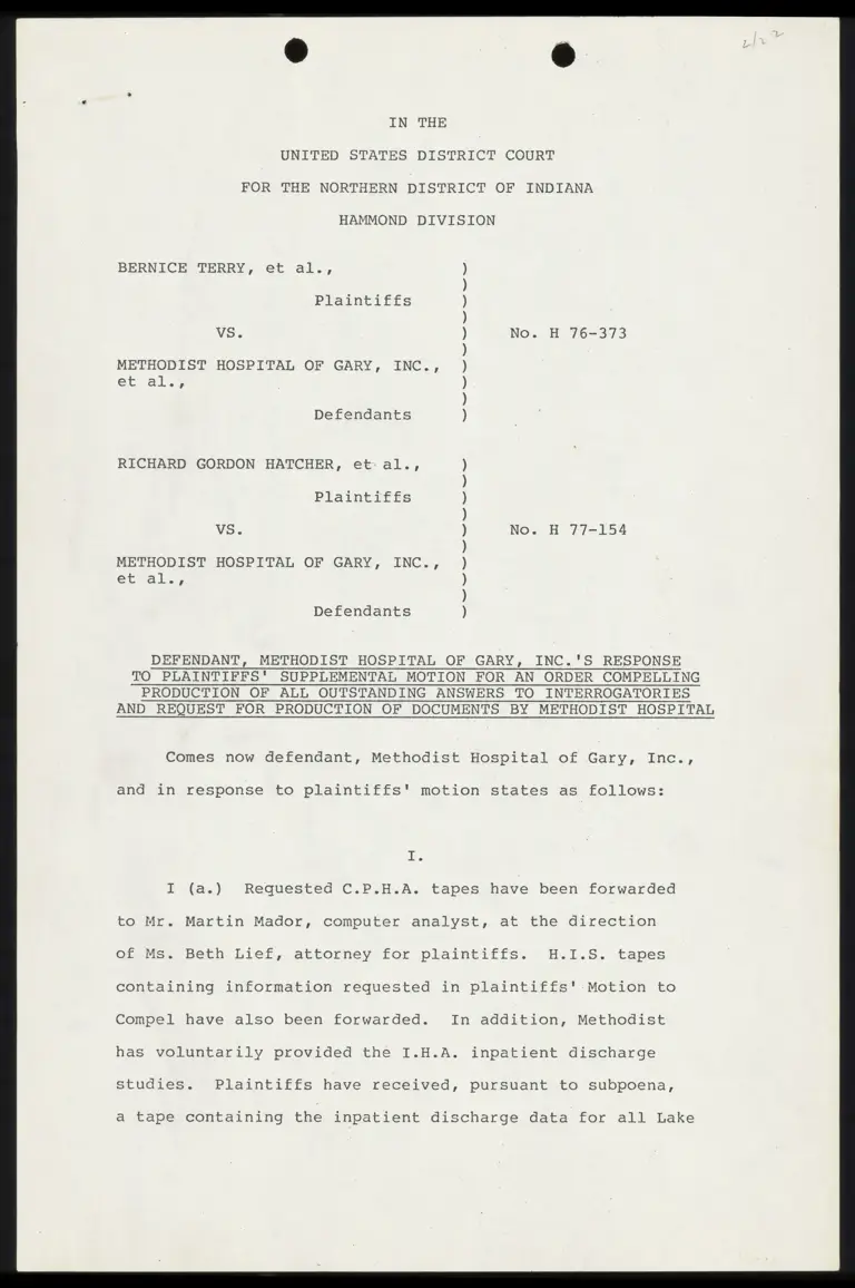 Defendant's Response to Supplemental Motion for Order Compelling Production of All Outstanding Answers to Interrogatories and Request for Documents preview