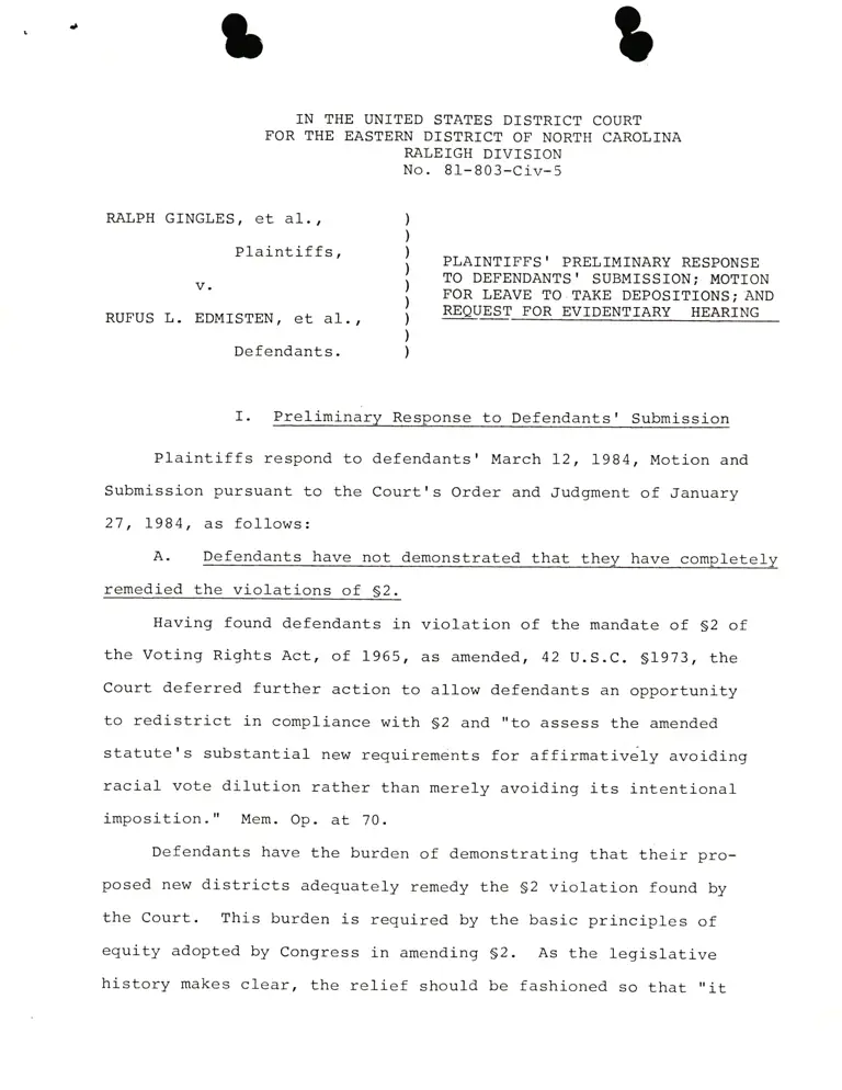 Plaintiff s' Preliminary Response to Defendants' Submission; Motion for Leave to Take Depositions; and Request for Evidentiary Hearing preview