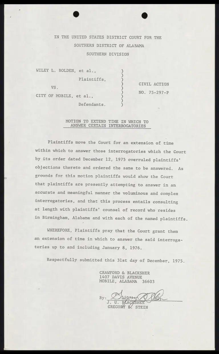 Motion to Extend Time in Which to Answer Certain Interrogatories preview