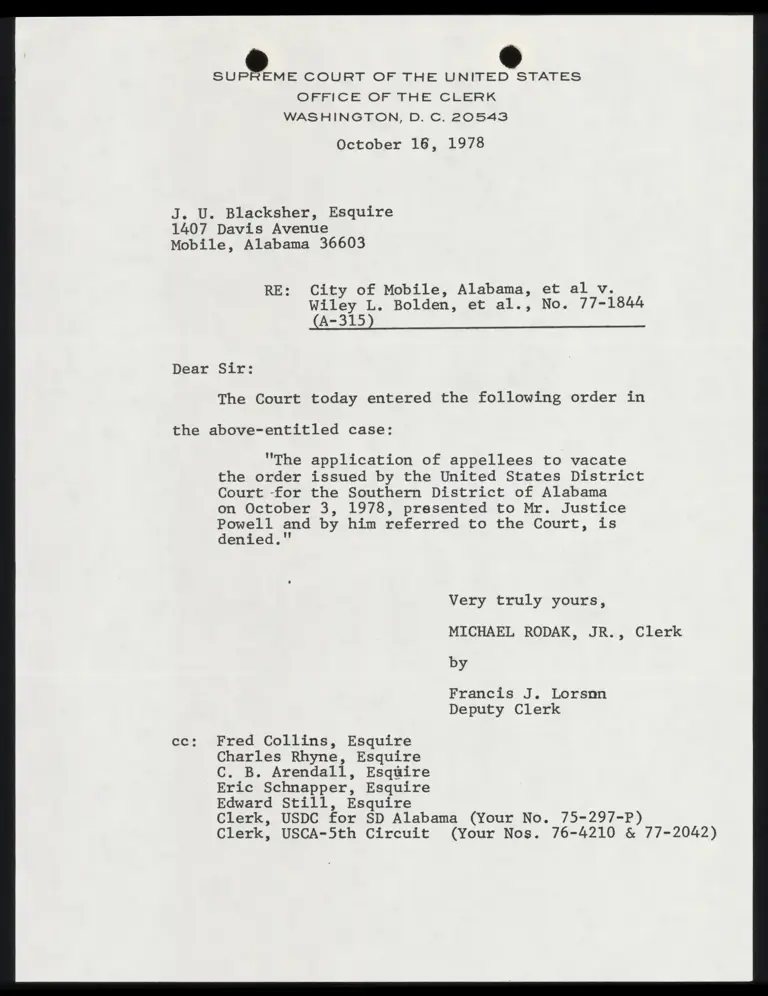 Correspondence from Clerk to Blacksher preview