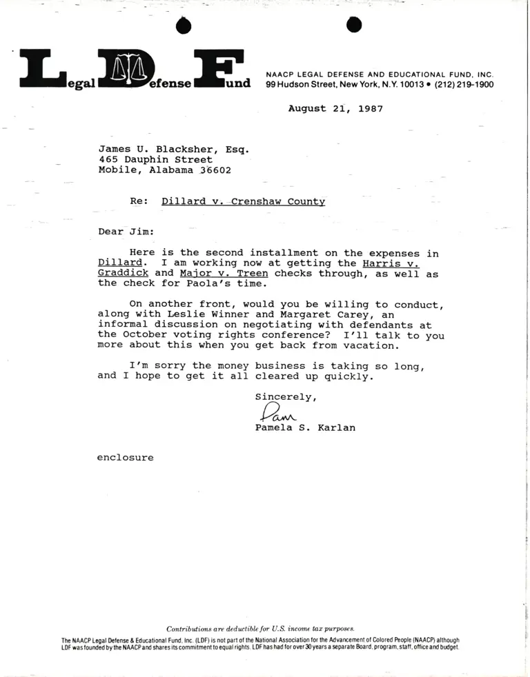 Correspondence from Pamela Karlan to James U. Blacksher, Esq. Re Dillard v. Crenshaw County preview