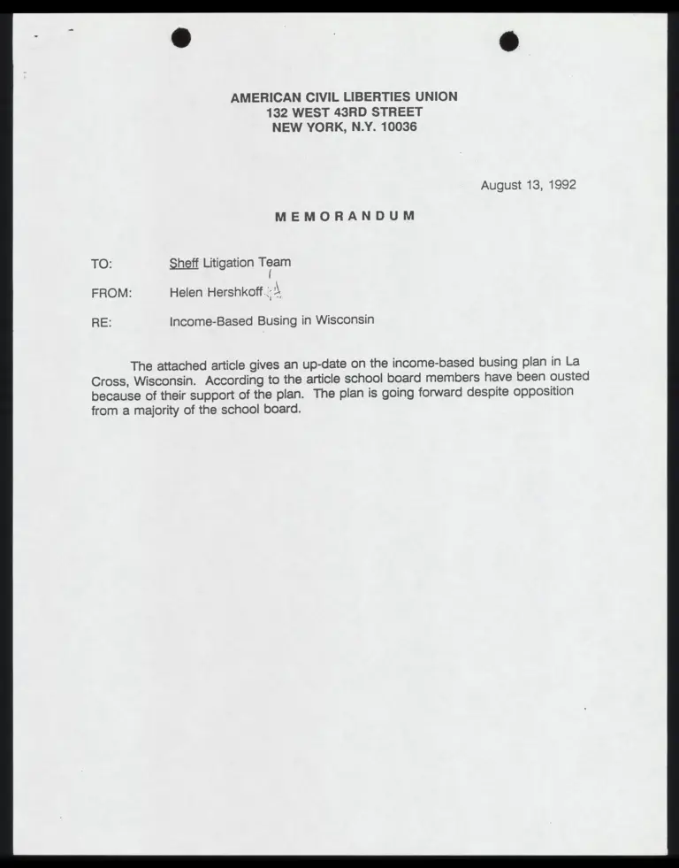Memo from Hershkoff to Counsel Re: Income-Based Busing in Wisconsin and Newsclipping preview