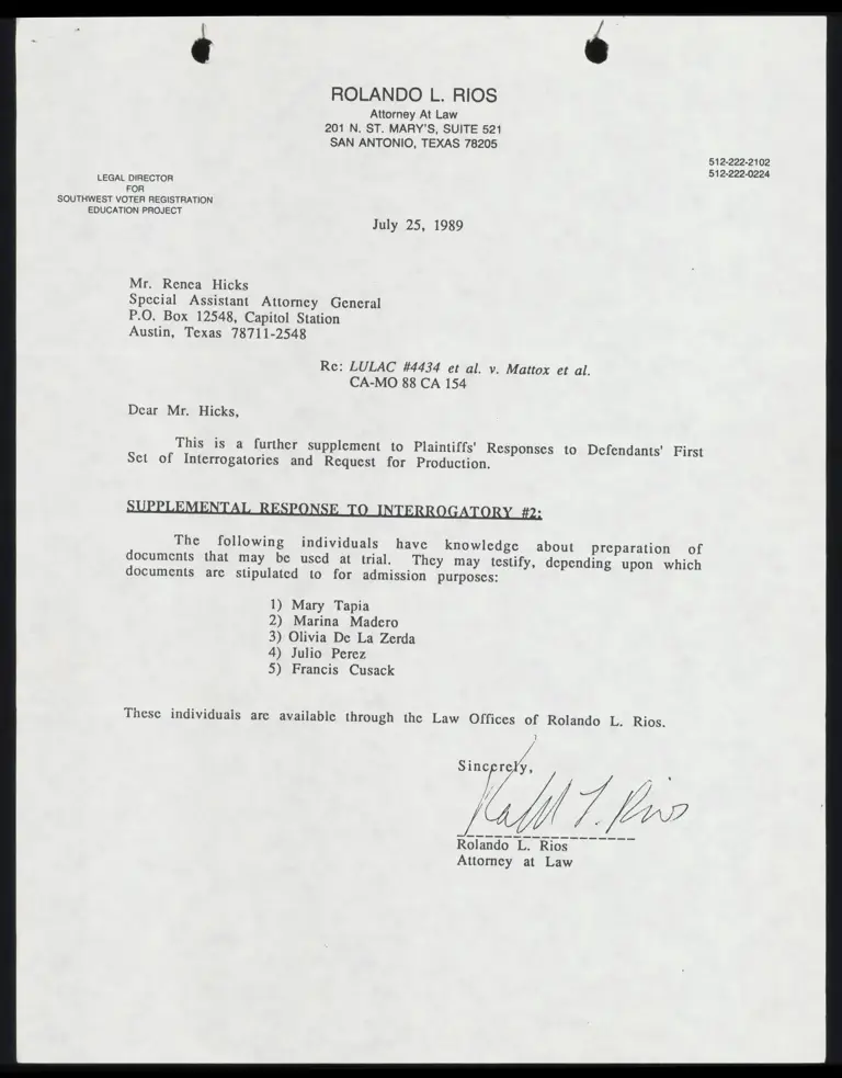 Correspondence from Hicks to Rios Re: Supplement to Interrogatories preview