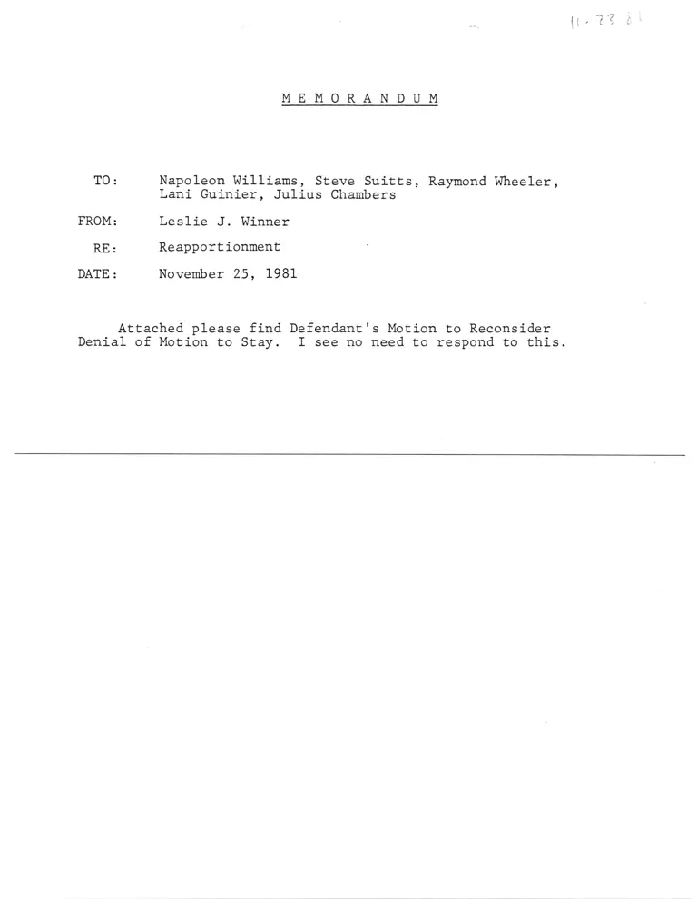 Memo from Winner to Williams et. al; Defendants' Reply to Memo In Opposition To Defendants' Motion to Stay; Defendant's Motion to Reconsider Denial of Motion to Stay preview
