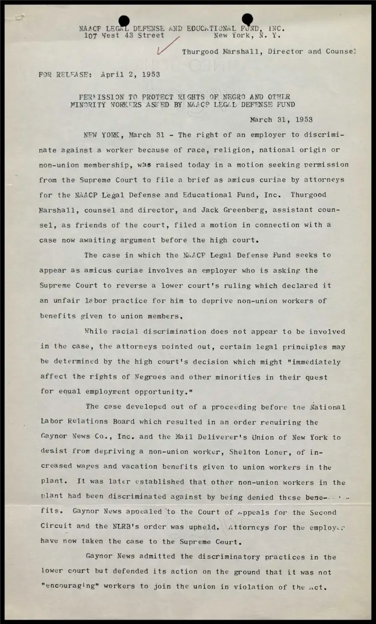 Permission to Protect Rights of Negro and other Minority Workers Asked by NAACP Legal Defense Fund preview