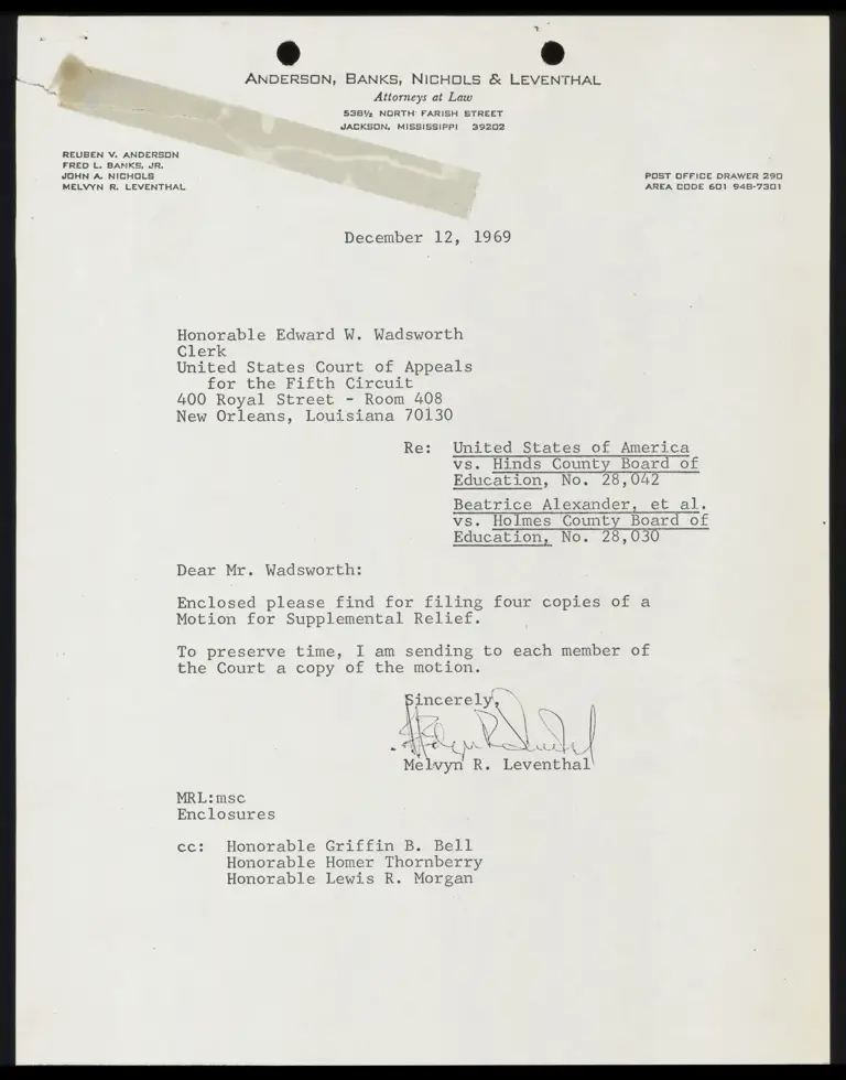 Correspondence from Leventhal to Clerk preview