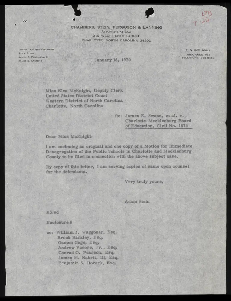 Correspondence from Stein to Clerk Re: Motion for Immediate Desegregation preview