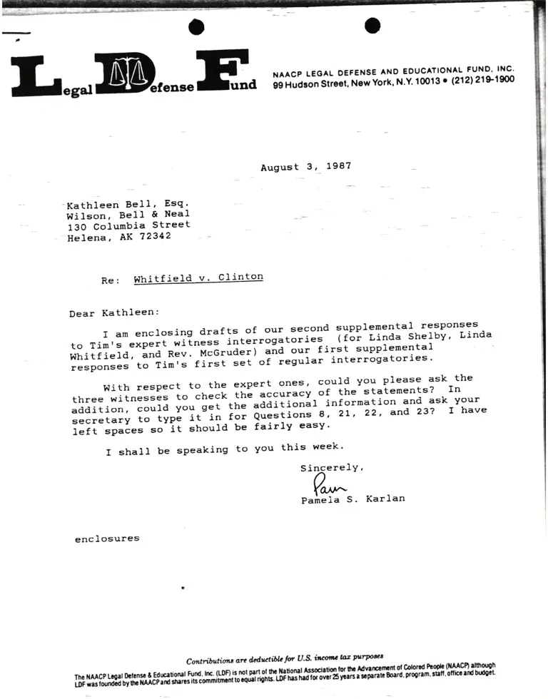 Correspondence from Pamela Karlan to Kathleen Bell Re Whitfield v. Clinton preview