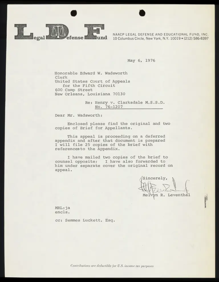 Correspondence from Leventhal to Clerk Re: Brief for Appellants preview