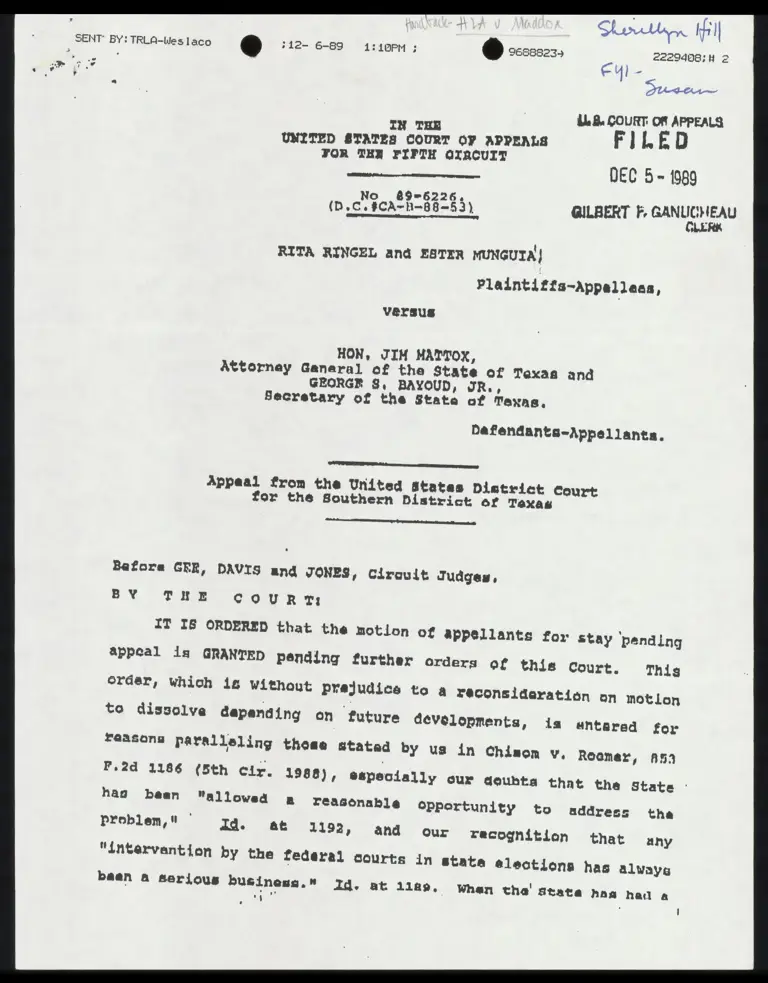 Fifth Circuit Order Granting Stay Pending Appeal preview