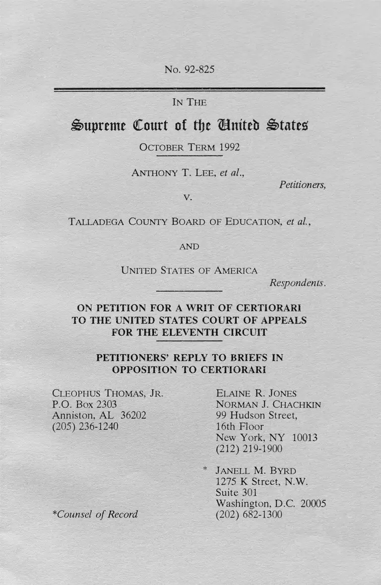 Lee v. Talladega County Board of Education Petitioners' Reply to Briefs in Opposition to Certiorari preview