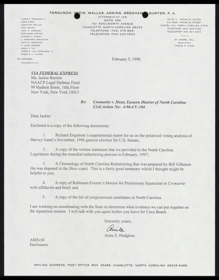 Correspondence from Hodgkiss to Berrien re: NC redistricting preview