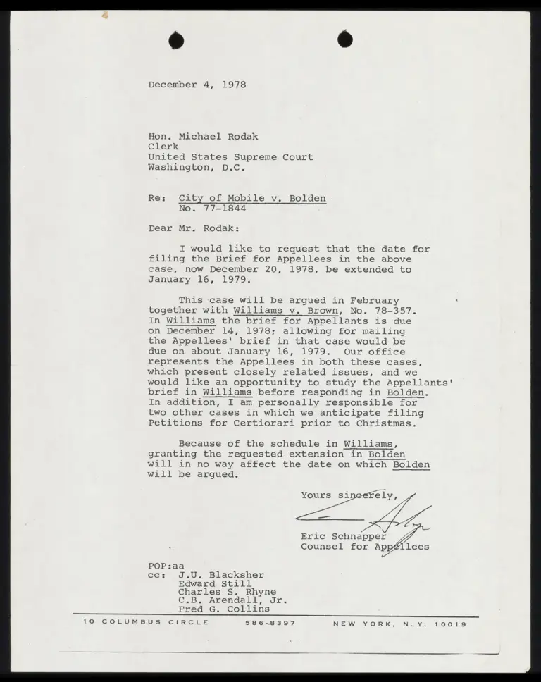 Correspondence from Schnapper to Clerk preview