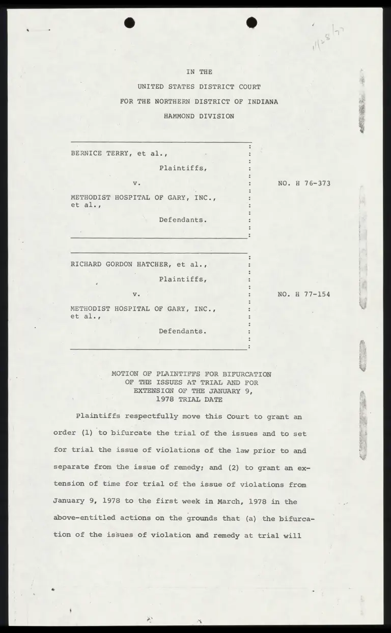 Motion for Bifurcation of the Issues at Trial and For Extension of Trial Date; Affidavit of Beth J. Lief preview