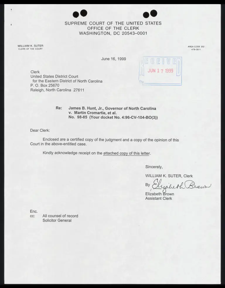 Letter to Speas Jr. From Court RE: Copy of Judgement and Opinion preview