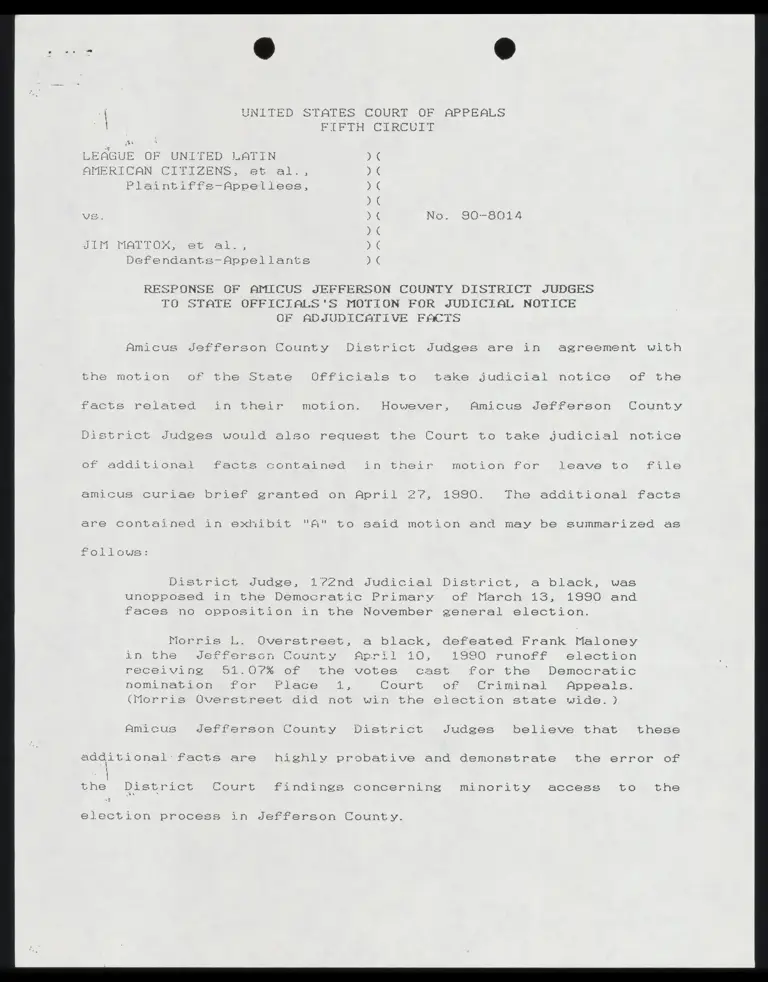 Response of Amicus Jefferson County Judges to State Officials' Motion for Judicial Notice of Adjudicative Facts preview