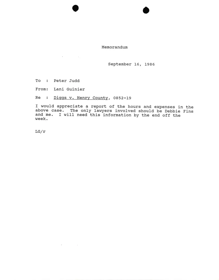 Memorandum from Lani Guinier to Peter Judd Re Diggs v. Henry County preview