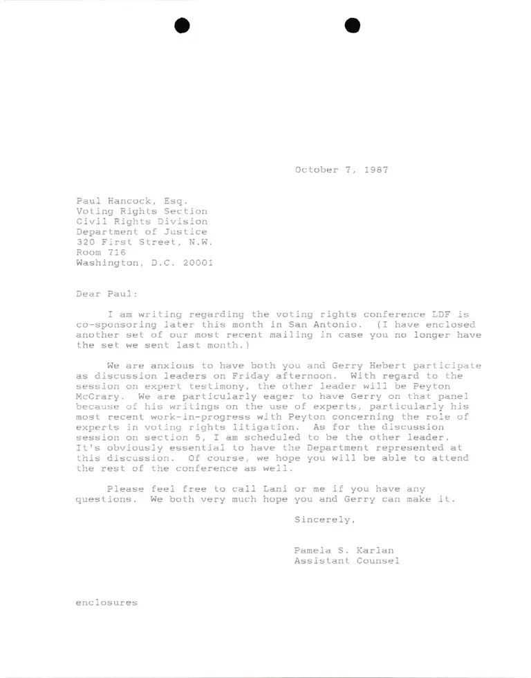 Correspondence from Pamela Karlan to Paul Hancock, Esq. (Department of Justice) preview