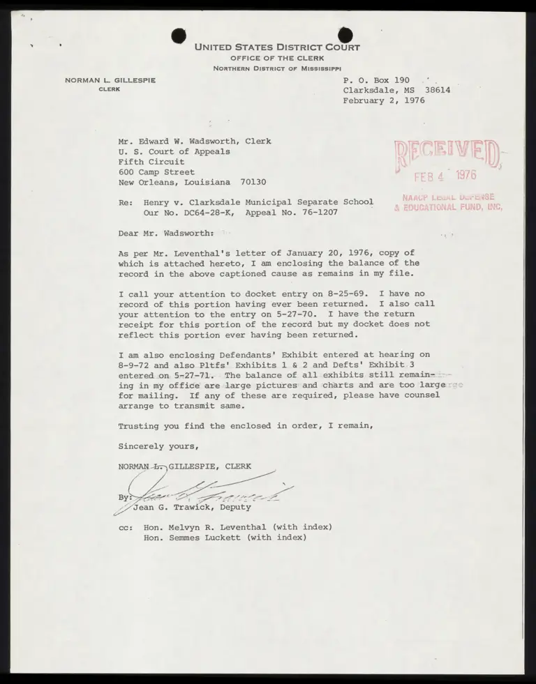 Correspondence from Clerk Gillespie to Clerk Wadsworth; Dockett preview