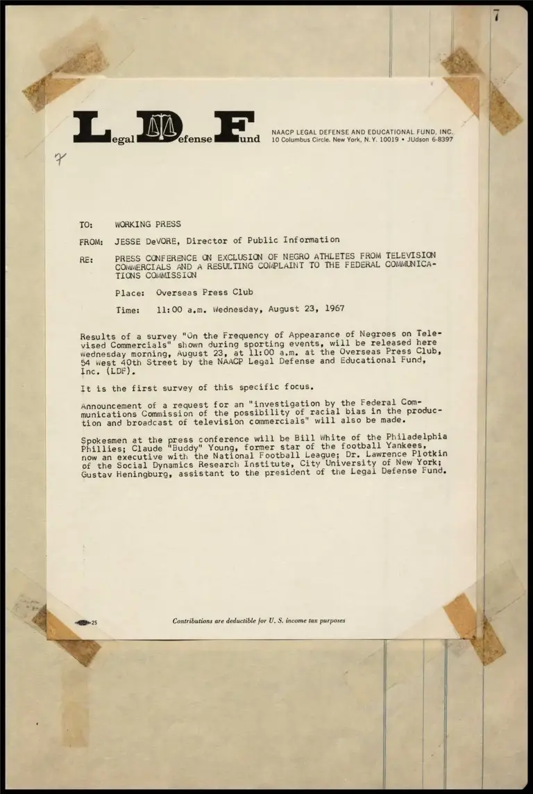 Press Conference on Exclusion of Negro Athletes from Television Commercials and a Resulting Complaint to the Federal Communications Commission preview