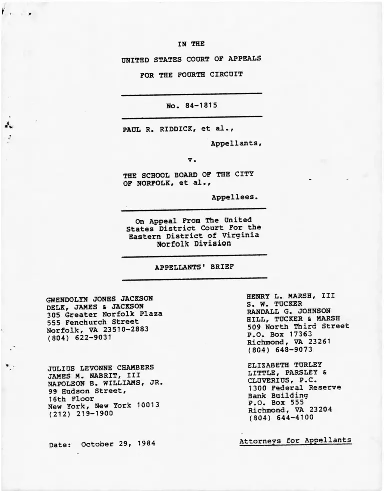 Riddick v The School Board of the City of Norfolk Appellants Brief preview