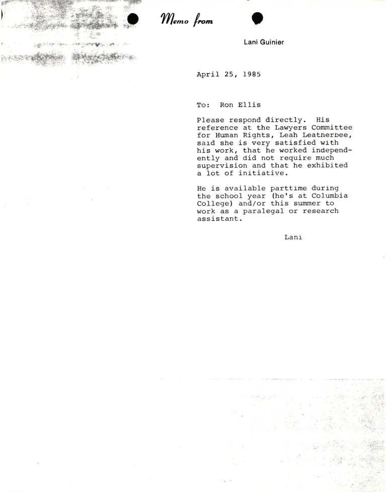 Memorandum from Lani Guinier to Ron Ellis preview