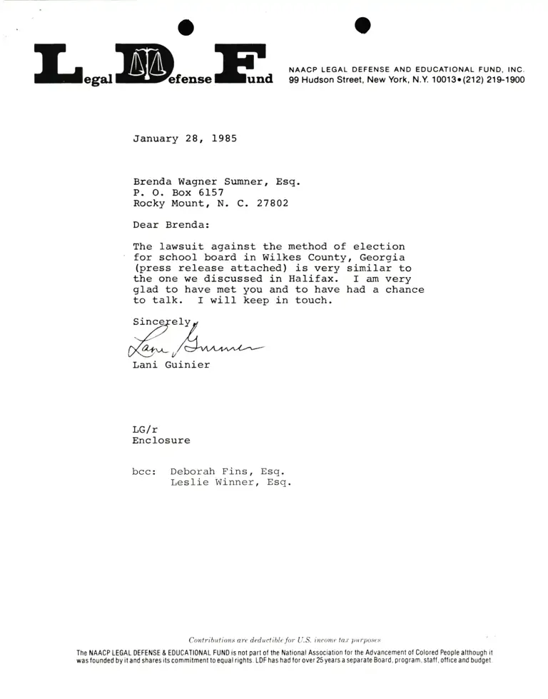 Correspondence from Lani Guinier to Brenda Wagner Sumner preview