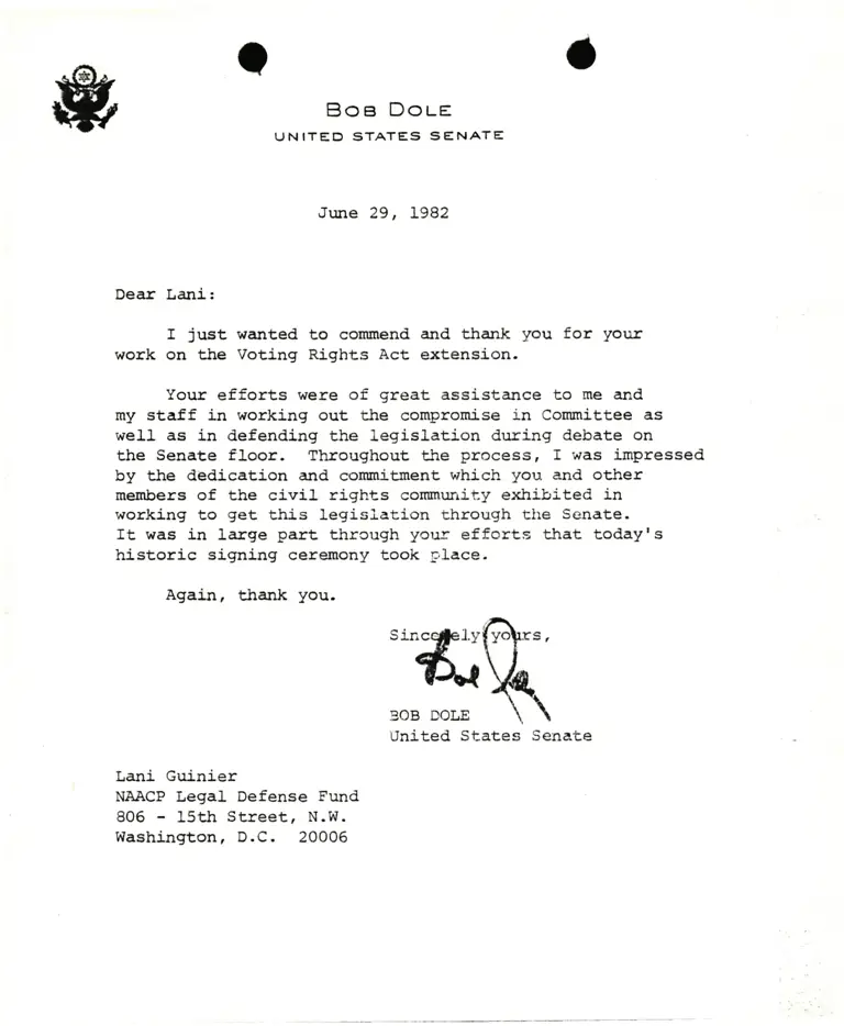 Letter from Sen. Bob Dole to Lani Guinier preview
