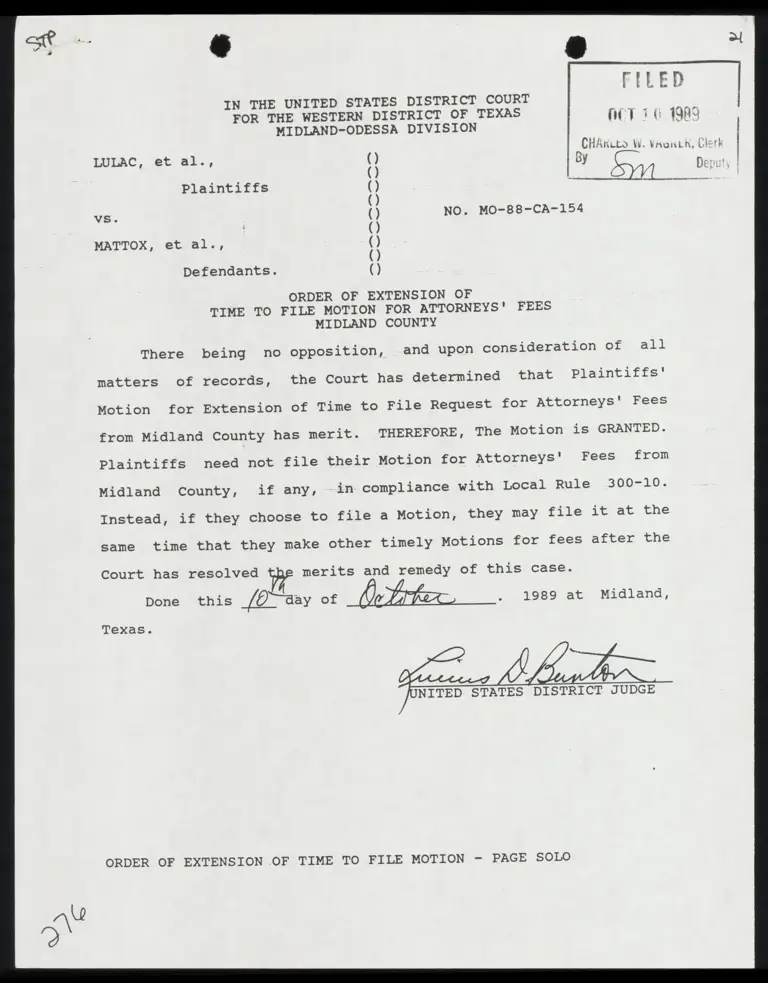 Order of Extension of Time to File Motion for Attorneys' Fees Midland County preview