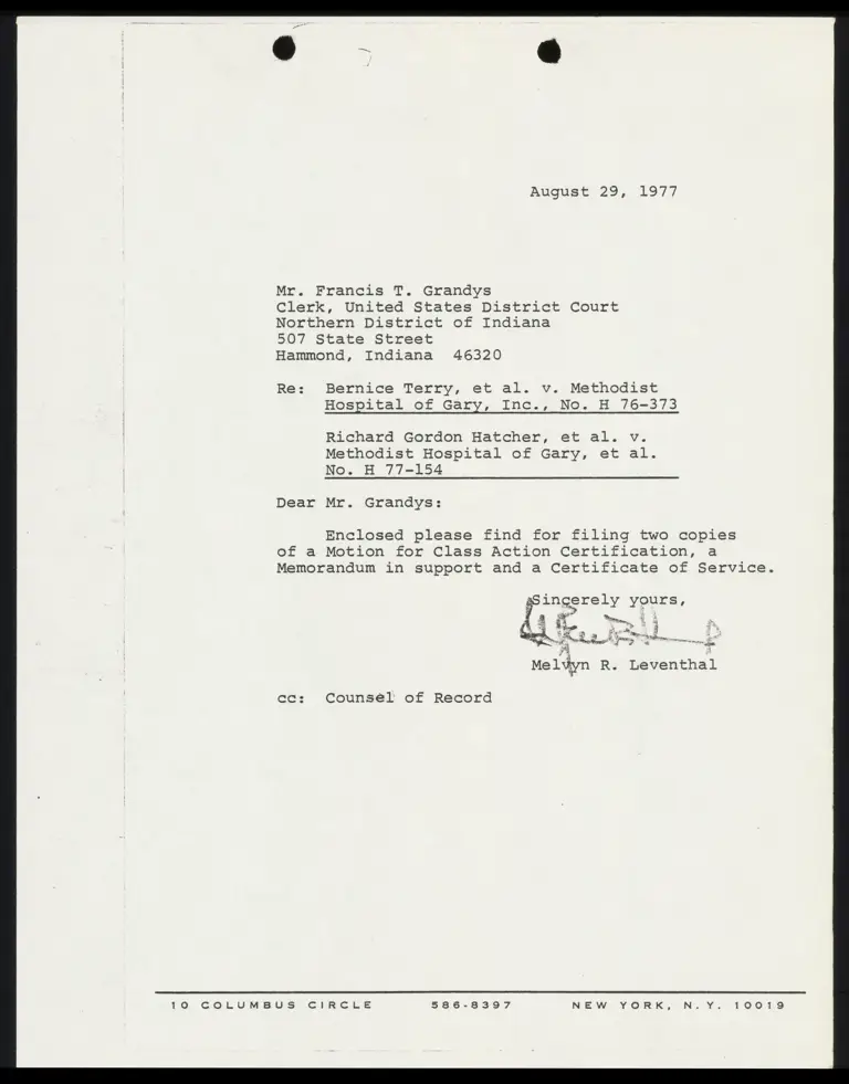 Correspondence from Leventhal to Clerk Re: Motion for Class Action Certification preview